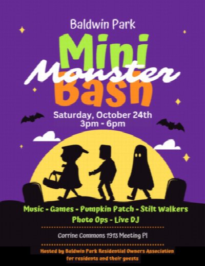 Baldwin Park Mini Monster Bash 2026 at Corrine Commons — Oct 24, 2026